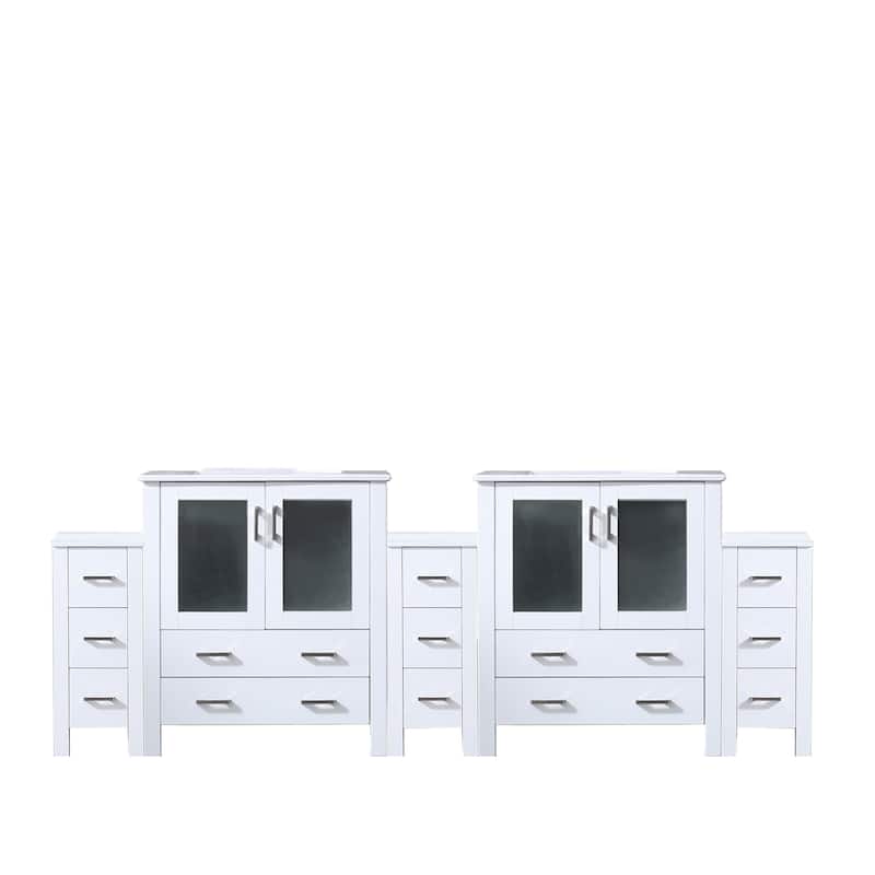 96" Navy Blue Double Vanity with White Ceramic Countertop, Side Cabinets, 2 Interior Cabinets, and 13 Drawers - 96 in W Wood - White