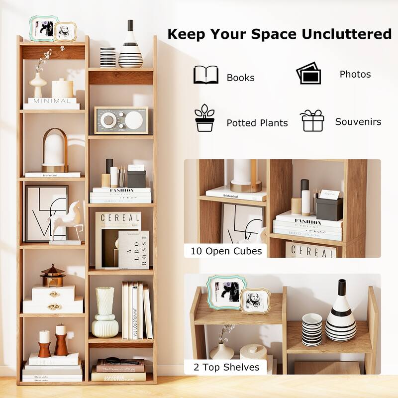 Gymax 11-Tier Bookcase w/Anti-Tipping Kits Wood Display Shelf