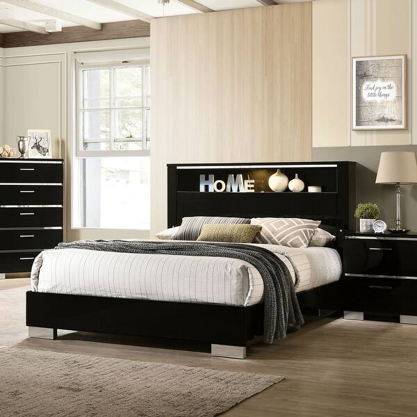 Furniture of America Lofa Modern Black Wood Panel Bed with LED Bed