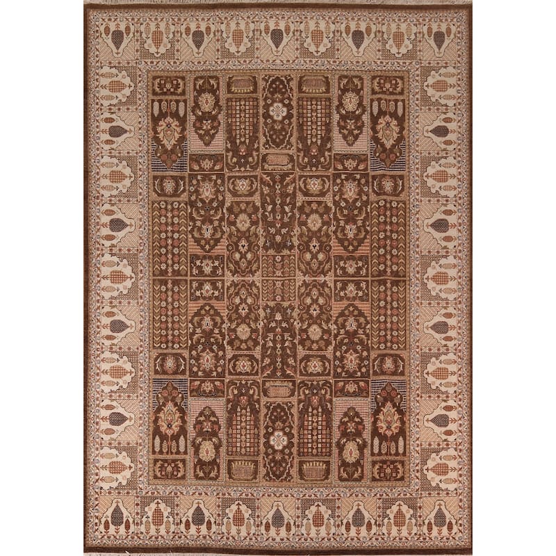 Brown Floral Agra Indian Area Rug Handmade Wool Carpet - 9'2" X 11'10"