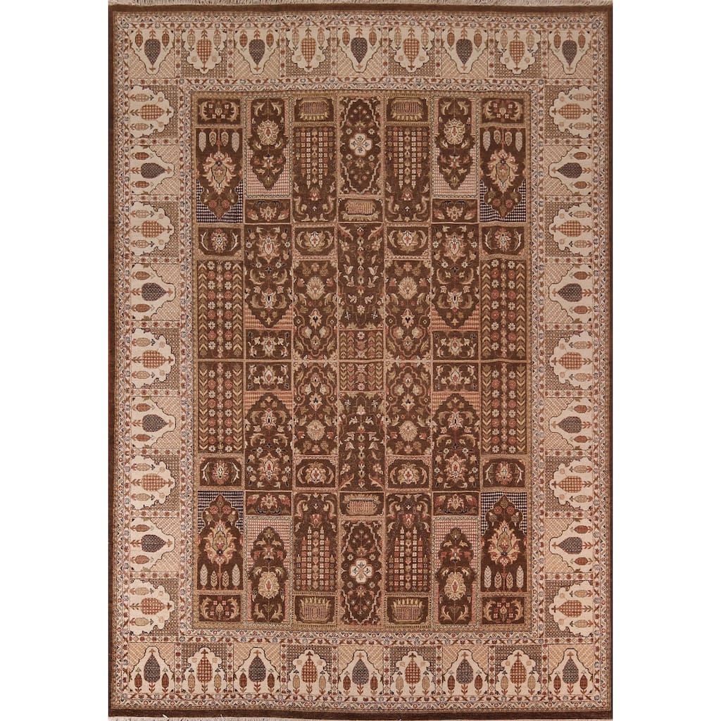 Brown Floral Agra Indian Area Rug Handmade Wool Carpet - 9'2" X 11'10"