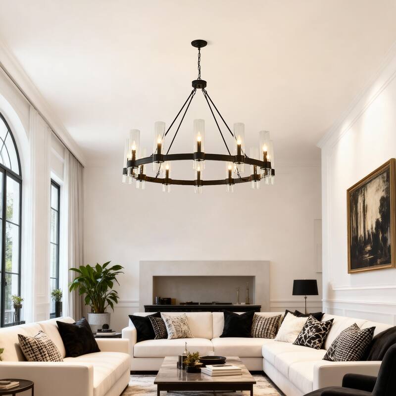 43.3''Matte Black Wagon Wheel Chandelier With 12 Lights (No Bulbs) - Brown