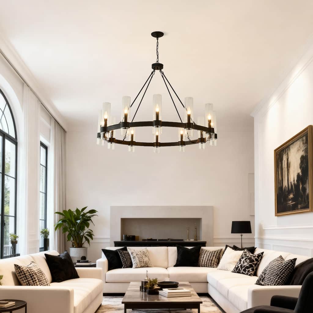 43.3''Matte Black Wagon Wheel Chandelier With 12 Lights (No Bulbs)