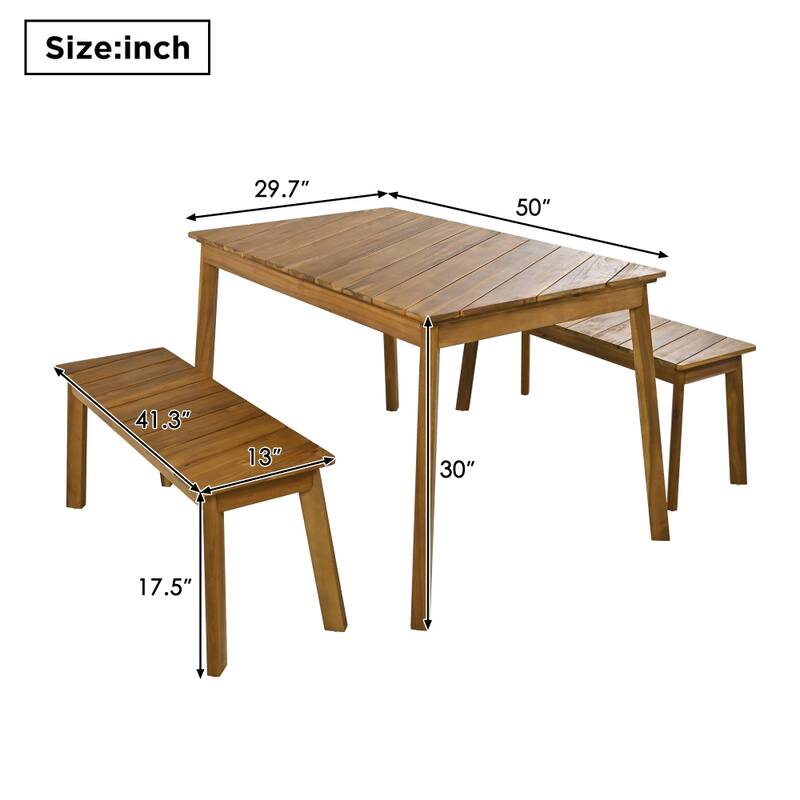 3-Piece Natural Acacia Wood Table Bench Dining Set with 2 Benches, for Outdoor/Indoor, Patio & Garden