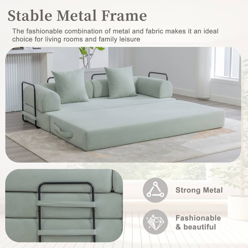 Foldable Modular Couch Sleeper Loveseat Sofa Bed with Storage Side Pocket, Detachable Metal Frame and Corduroy Fabric Cover