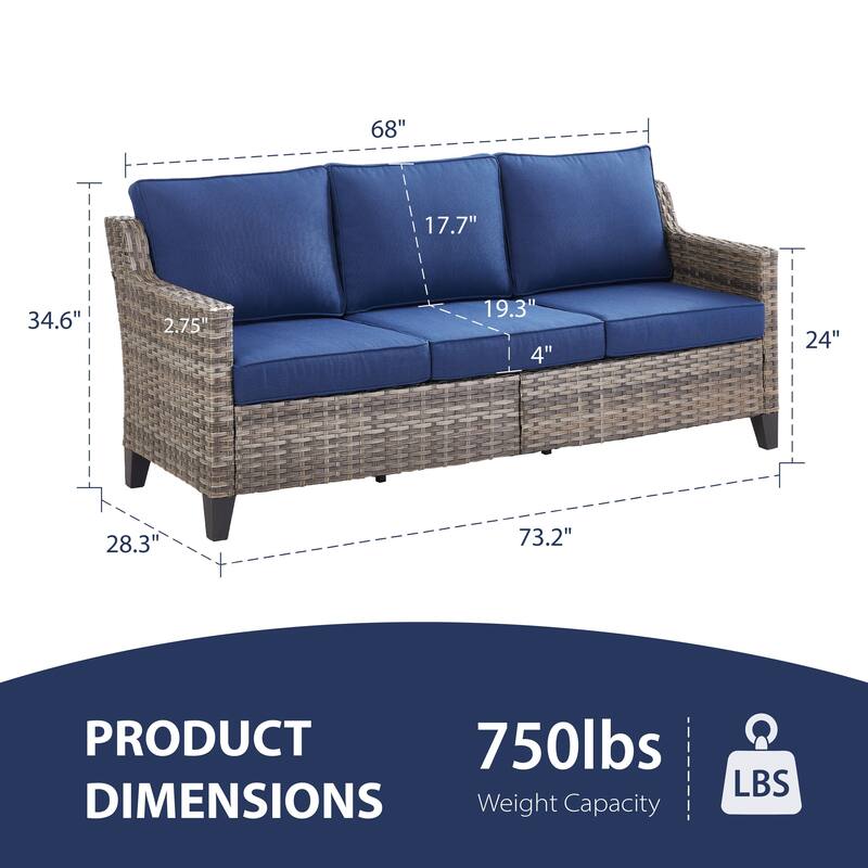 Glissia 3-Seat Handwoven Gray Wicker Patio Sofa with 4-Inch Thick Cushions