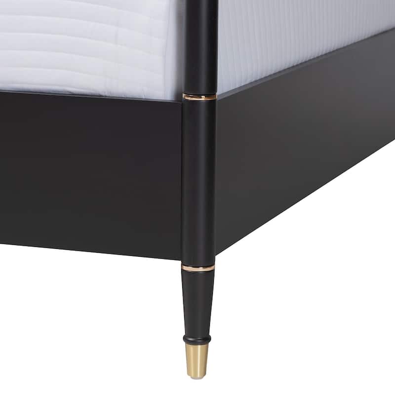 Tamra Four-Poster Platform Bed - Black Wood Bed Frame with Metallic Trim and Capped Legs, Modern Transitional Style, King