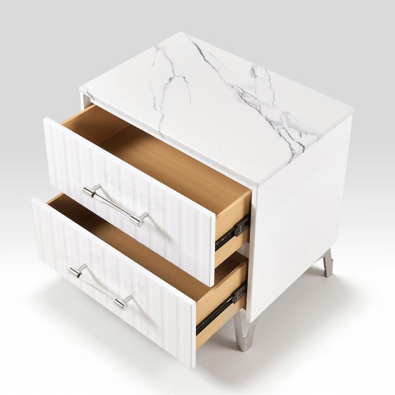 Glam White Bedroom Furniture LED Bed Chest Nightstand 3PC Set