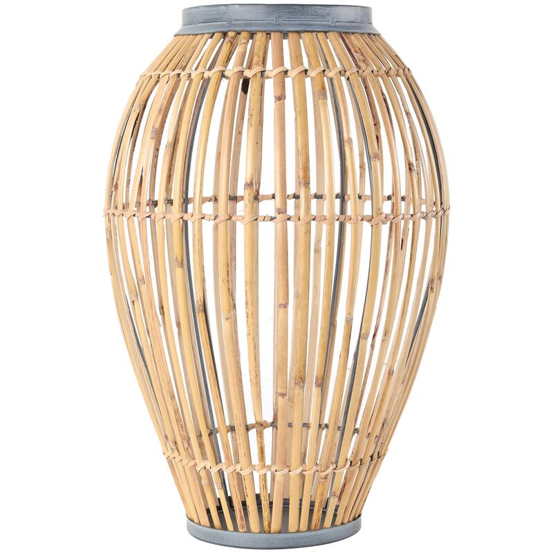 Brown Bamboo Wood Handmade Open Frame Decorative Vase with Blue Metal Accents