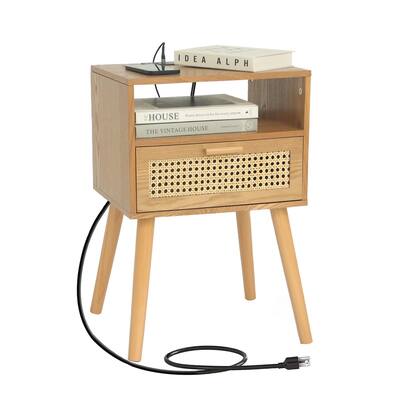Mid Century Modern Nightstand with Charging Station, Bedside Tables with Rattan Drawer, Small Wood Nightstand Side Table