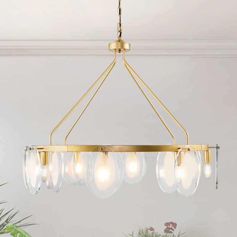 Modern 8-Light Wagon Wheel Chandelier with Tempered Glass Shape