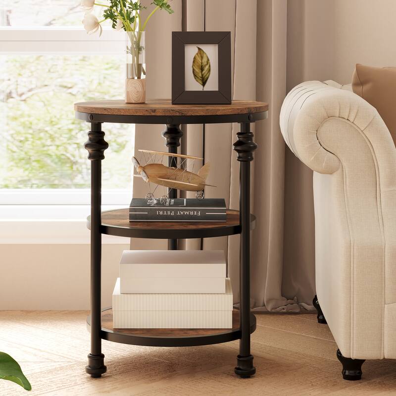 End Table 3-Tier Round Side Table with Storage Shelf