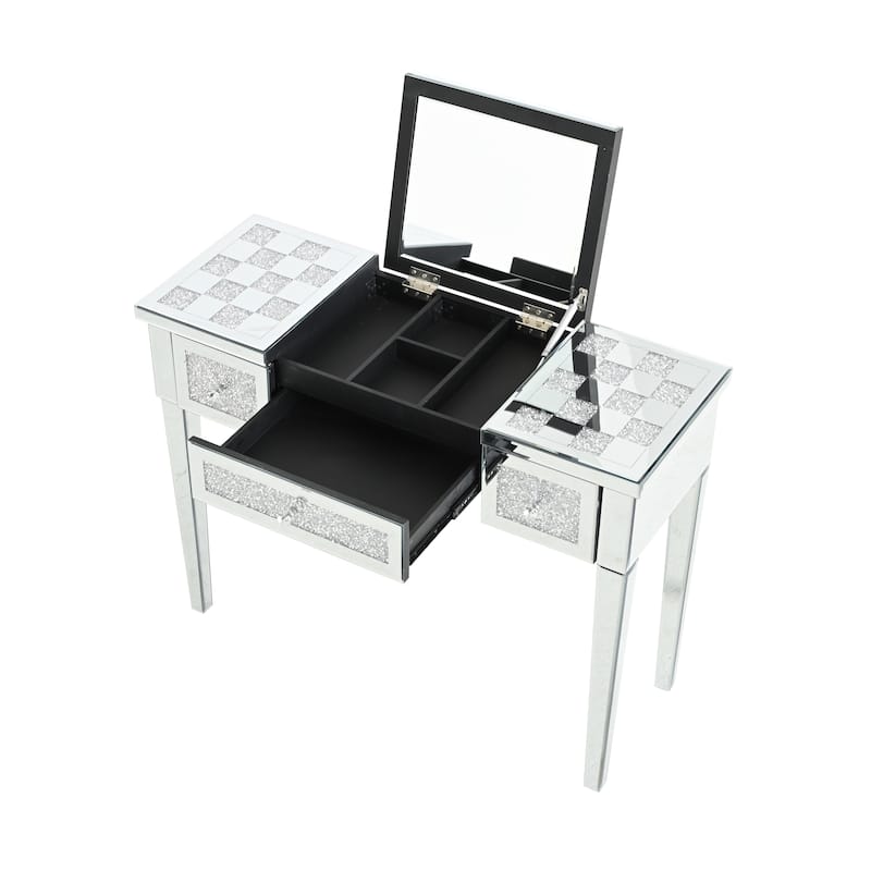 Mirrored Makeup Vanity Desk with Crushed Diamond Inlay, Silver Dressing Table with Flip-Top Mirror, Glass Console Table