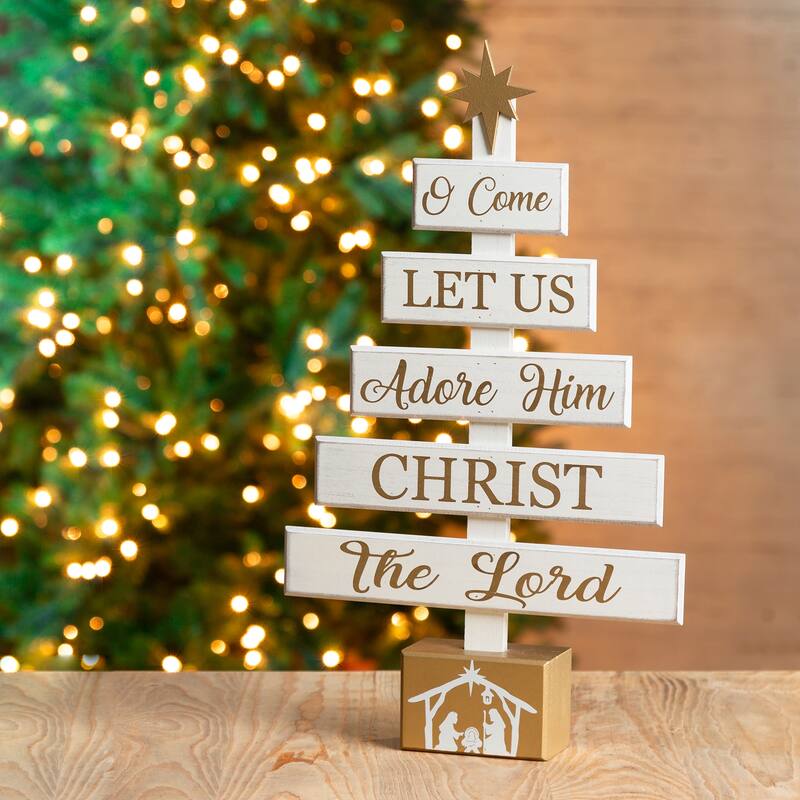 Glitzhome Wooden JOY Nativity Xmas Table Tree Centerpiece Home Decor