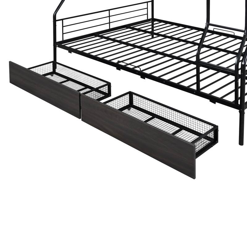 Contemporary Full XL Over Queen Bunk Bed with 2 Storage Drawers, Iron Frame, and Safety Guardrails
