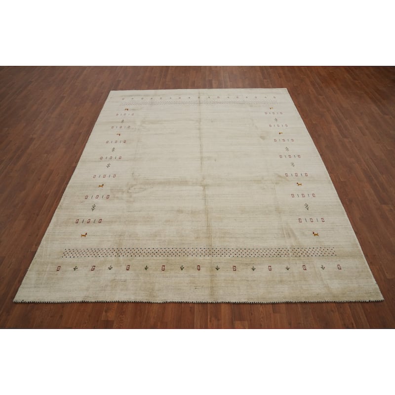 Hand Knotted Oriental 100% Wool Carpet Tribal Animal Pictorial Beige & Ivories Gabbeh Area Rug - 9' 11'' X 8' 0''