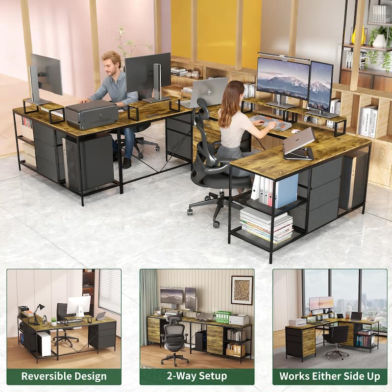 113.8" L-Shaped Desk with Power Outlets & USB-C & 6 Fabric Drawers