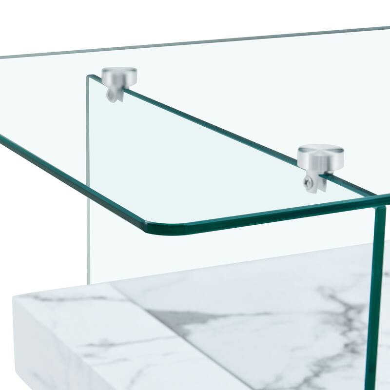 Roomfitters 43.3" Two-Tier Glass Coffee Table with Light Wood Shelf, Side Table or Display Stand