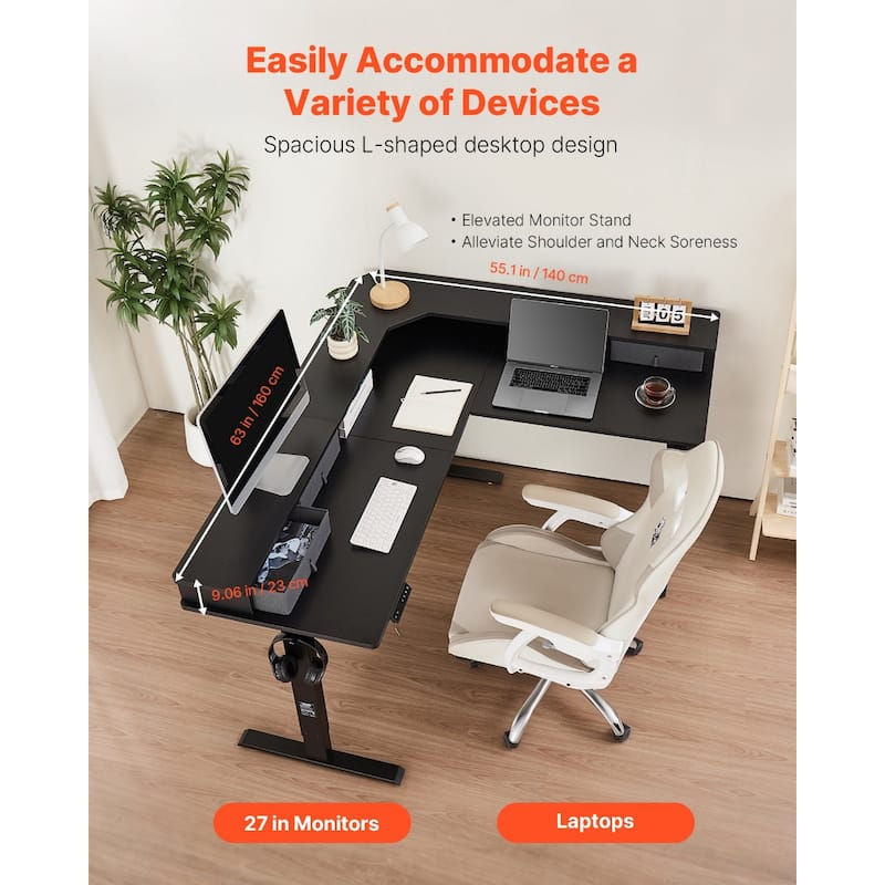 Black Carbon Steel Electric L Shaped Standing Desk with Dual Motors and Drawers