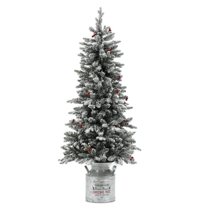 Pre-Lit LED 5ft Snow Flocked Artificial Christmas Tree with Red Berries and Metal Pot - 60" H x 25.5" W x 25.5" D