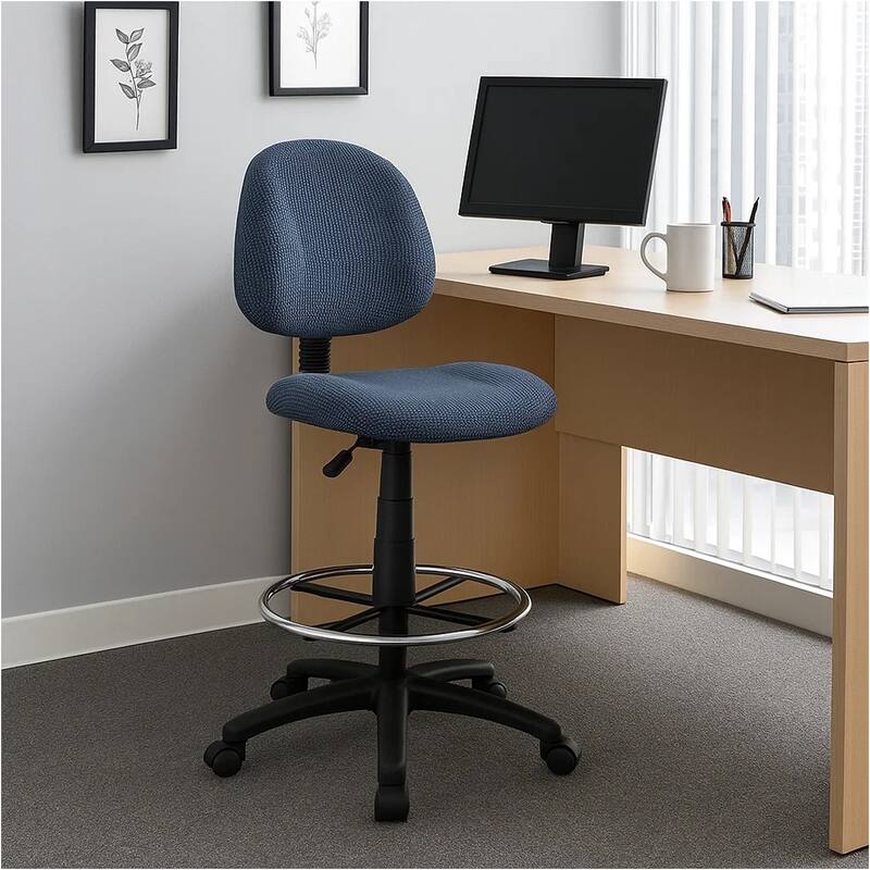 Jea Drafting Stool Chair, Blue Tweed, Contoured Back and Footring