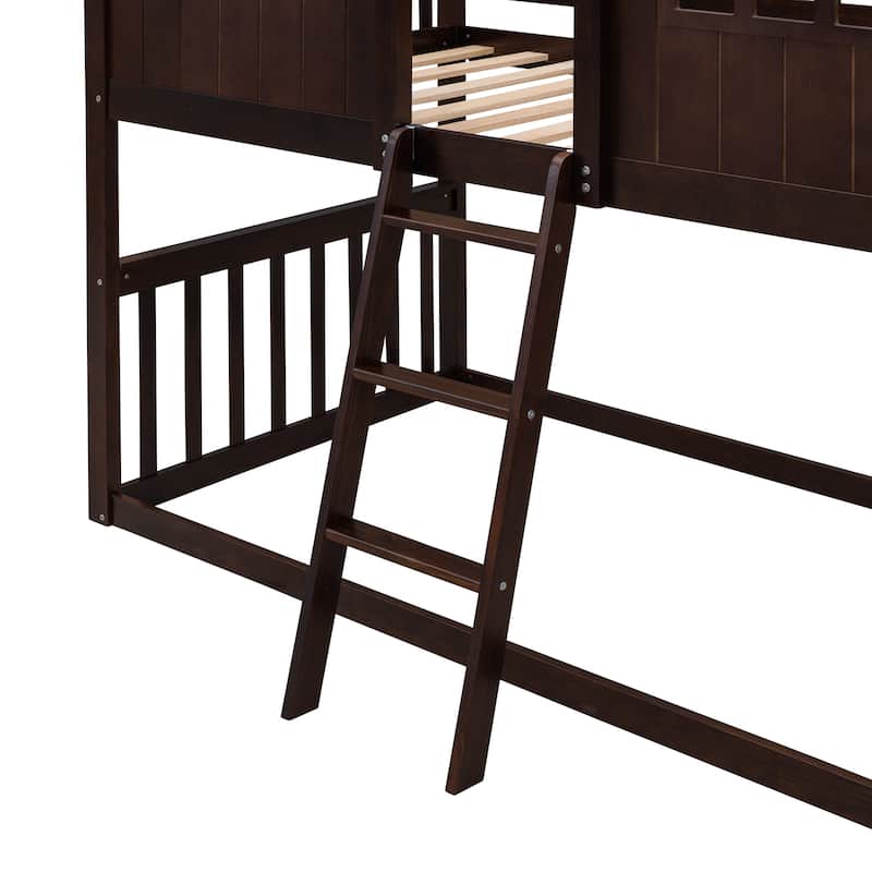 Full Size Loft Bed with Playhouse Design, Built-in Desk and Shelves