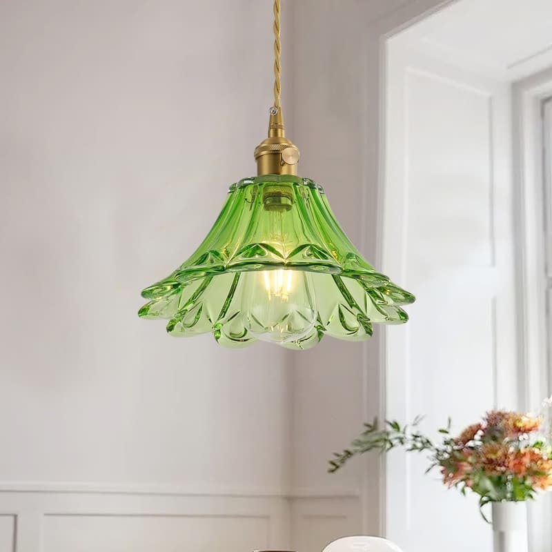 Modern 1-Light Pendant with Light Green Tinted Glass Shade and Electroplated Brass Finish