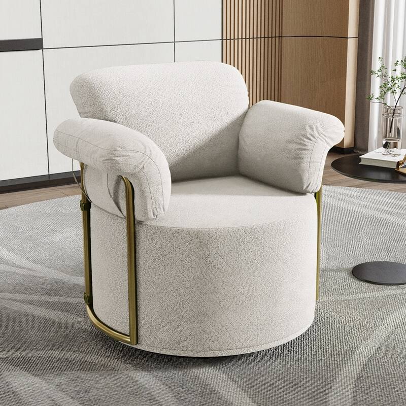 360 Degree Barrel Swivel Fluffy Fabric Lounge Wide Upholstered Reading Chair with Gold Metal Legs - Beige - Round Seat