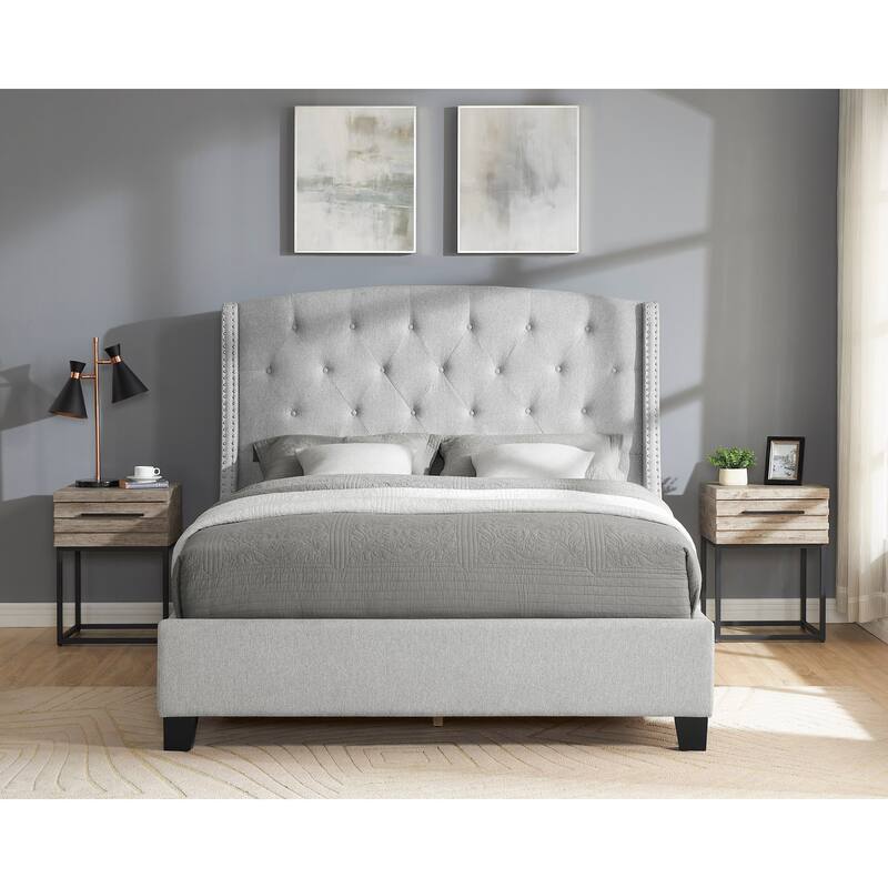Queen Size Upholstered Panel Bed with Button Tufted Headboard, Dove Gray, Wood Fabric