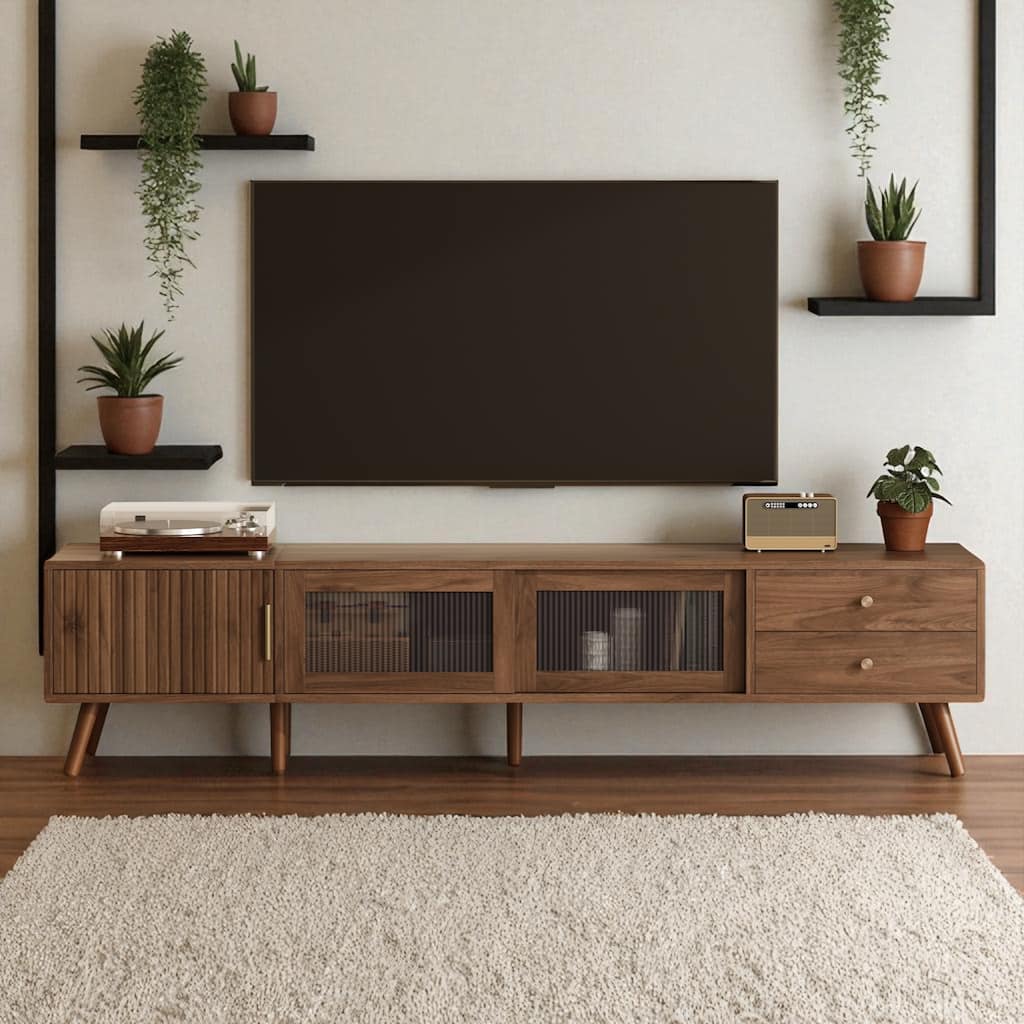 76" Modern TV Stand with Glass Doors for 85 Inch TV, Media Console with Drawers and Storage Cabinets, Wood Grain Finish