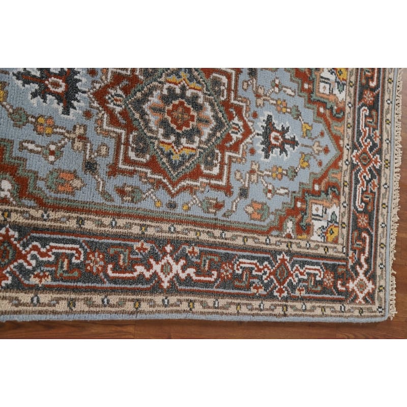 Light Blue Geometric Heriz Indian Area Rug Handmade Wool Carpet - 3'2"x 4'11"