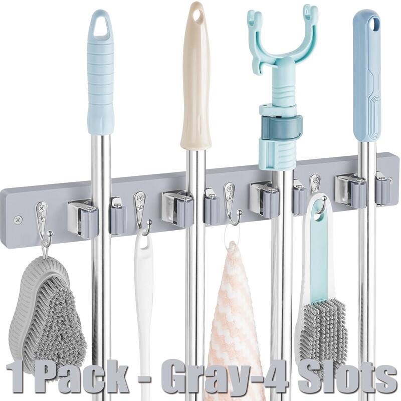 Wood Mop Broom Holder Wall Mount with 4 Slots & 4 Hooks - 1 Pack - Gray-4 Slots