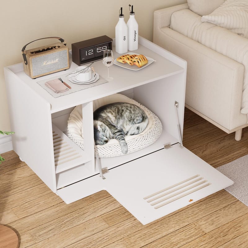 Cat Litter Box Enclosure,Hidden Litter Box Furniture with top side fence,Wooden Pet House Side End Table,Storage Cabinet Bench