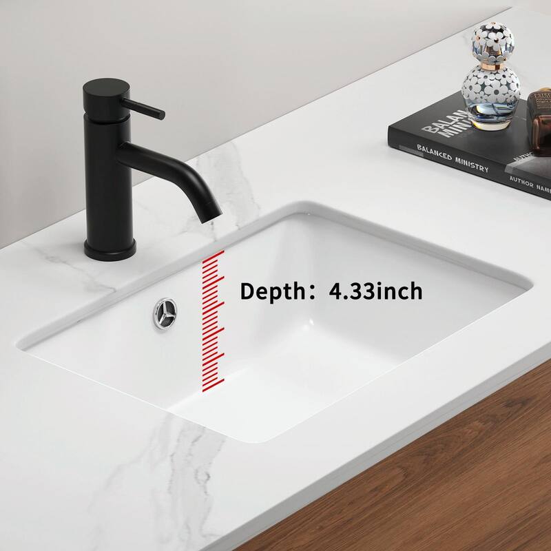 Undermount Bathroom Sink - White Rectangular Porcelain Ceramic Vessel Sink, Deep Basin with Overflow