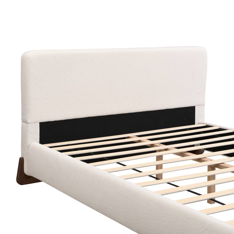 Boucle Upholstered Bed Low Profile Platform Bed Curved Wingback Bed