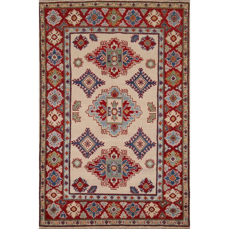 Beige Traditional Kazak Accent Rug Hand-Knotted Wool Carpet - 4'1" x 5'11"