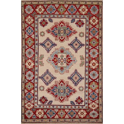 Beige Traditional Kazak Accent Rug Hand-Knotted Wool Carpet - 4'1" x 5'11"