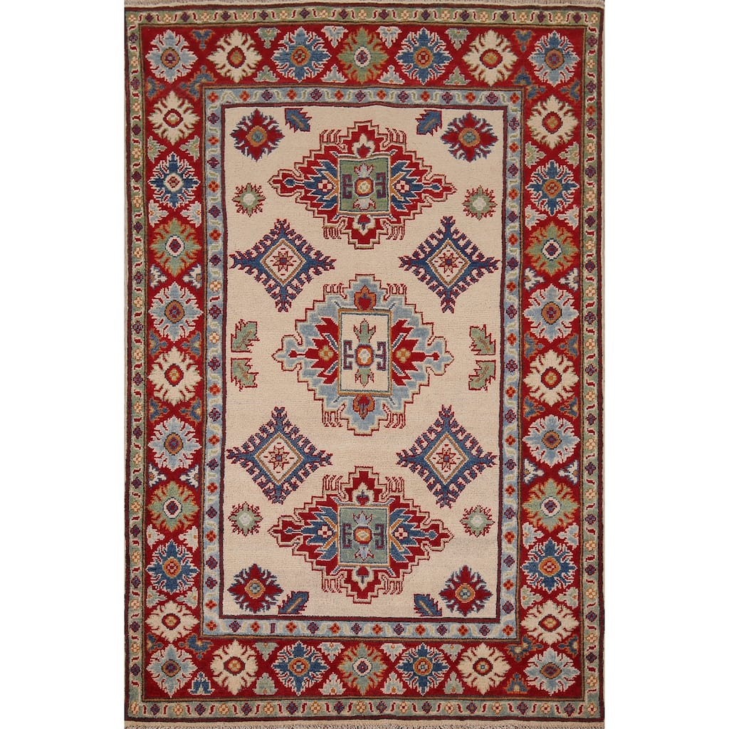 Beige Traditional Kazak Accent Rug Hand-Knotted Wool Carpet - 4'1" x 5'11"