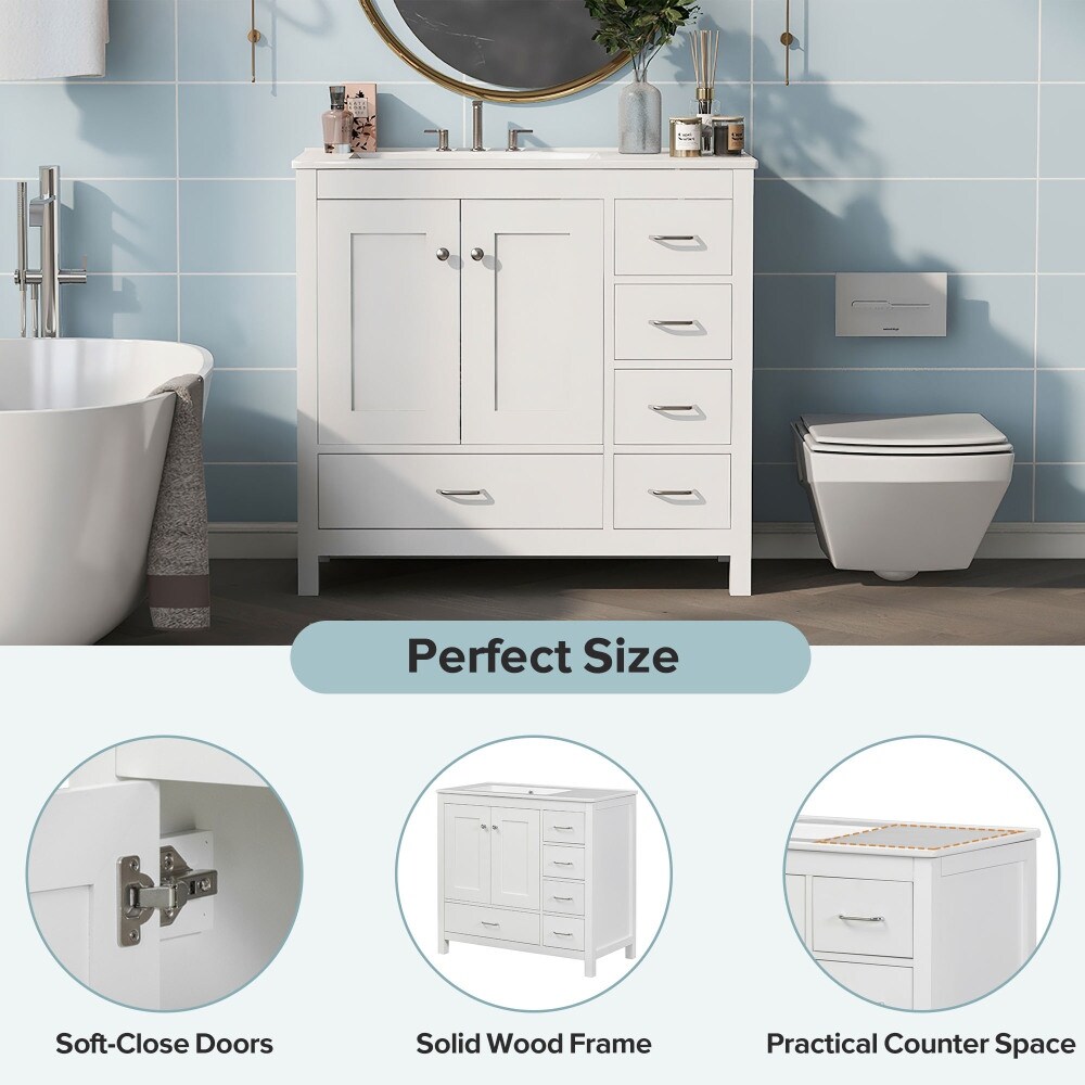 36" White Bathroom Vanity With Ceramic Sink, 2 Soft-Close Doors & 5 Drawers For Small Space Storage