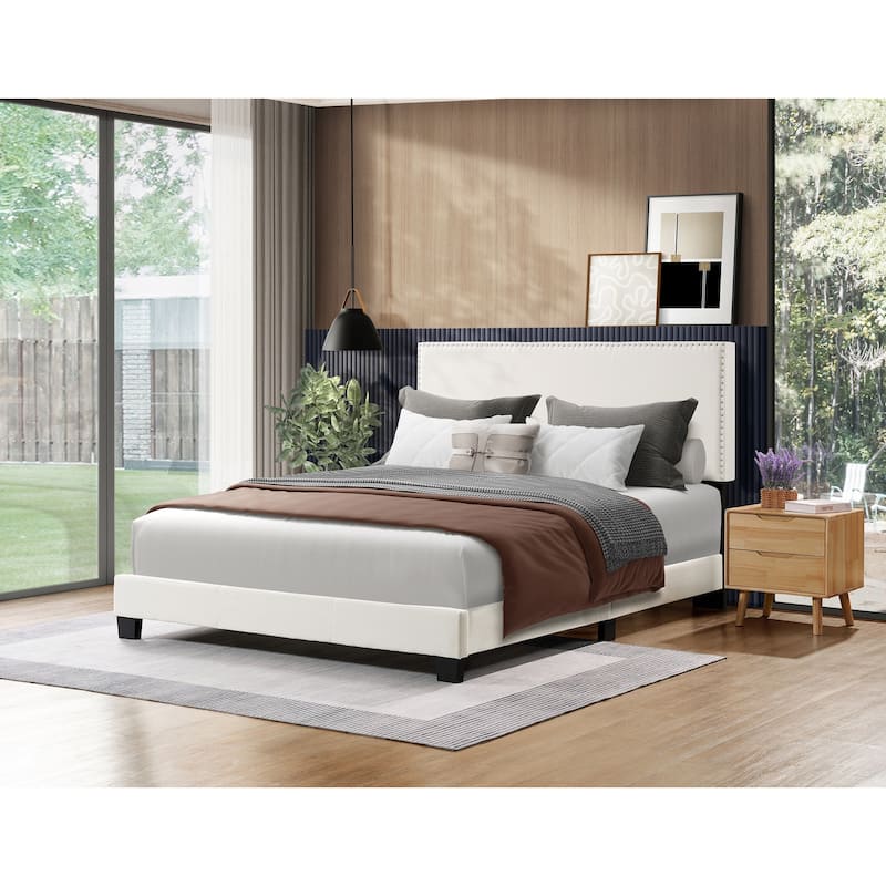 Full/Queen Size Platform Bed Frame, Bedroom Upholstered Bed with Nailhead Trim Headboard, No Box Spring Needed