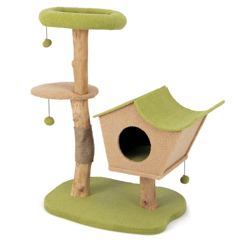 43 Inch Wooden Cat Tree with Padded Top Perch-Green - 31" x 24" x 43"