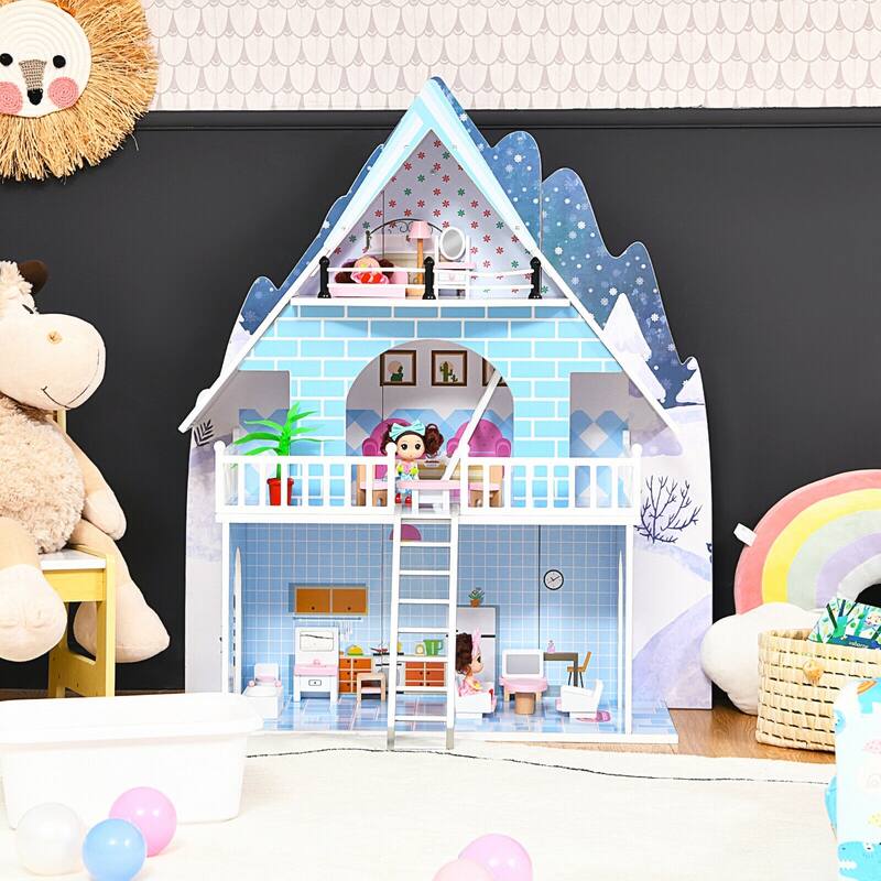 SUGIFT Wooden Dollhouse 3-Story Pretend Playset with Furniture and Doll Gift for Age 3+ Year