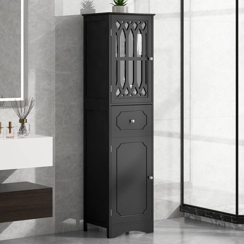 Tall Bathroom Cabinet, Freestanding Storage Cabinet, Wood Narrow Organizer with Adjustable Shelves, 1 Drawer & 2 Doors