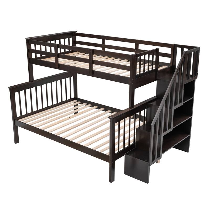 Espresso Twin-Full Bunk Bed with Stairway and Guardrail