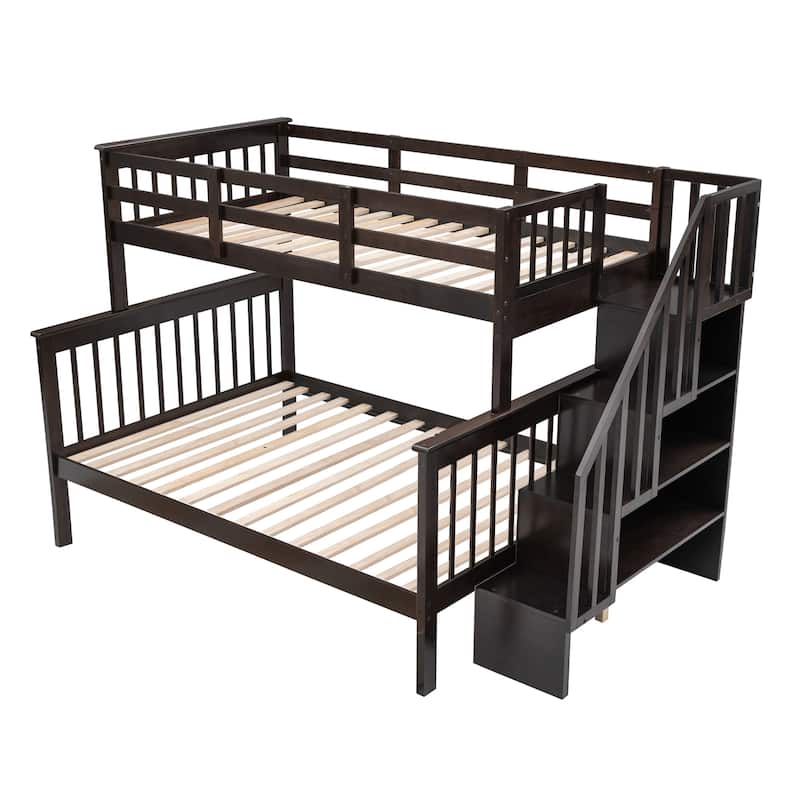 Twin Over Full Bunk Bed with Storage Stairs, Full-Length Guardrail