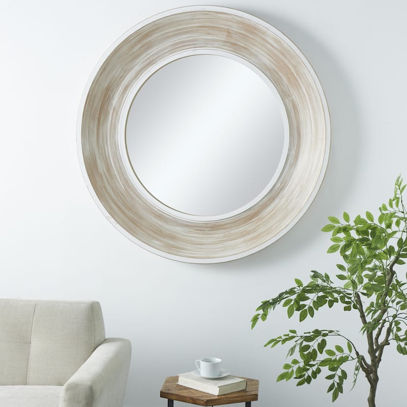Cream Wooden Room Wall Mirror with White Wash Effect - Cream - 48"W, 48"H