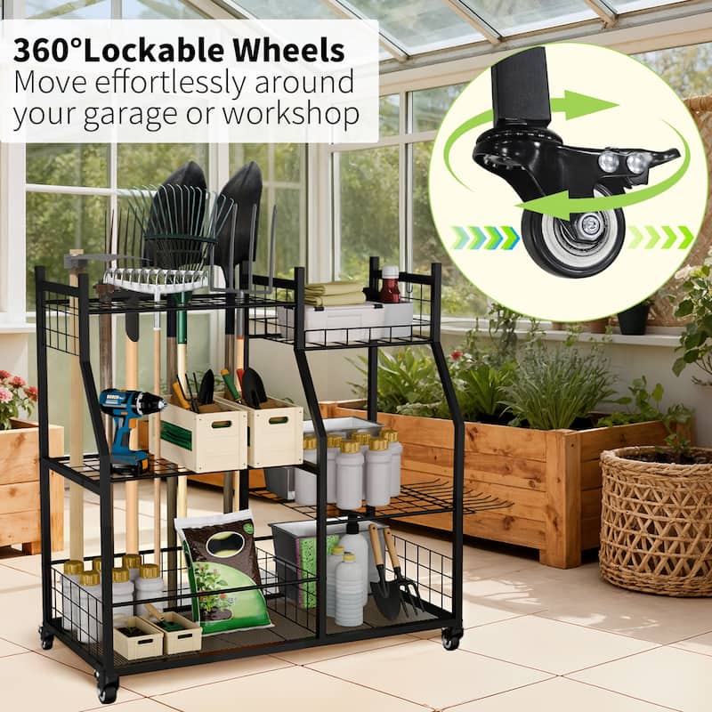 Freestanding Metal Tools Storage Cart Power Tool Organizer Shelf for Garage Workshop Yard with Wheels