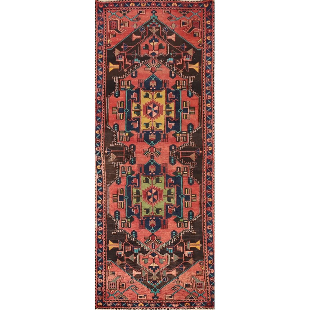 Hand Knotted Oriental 100% Wool Carpet Traditional Tribal Oranges & Rust Heriz Runner Rug - 9' 9'' X 3' 3''
