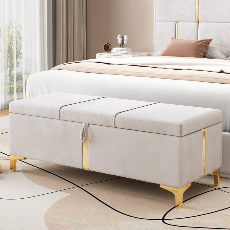 Elegant Upholstered Storage Bench with Metal Legs - Beige