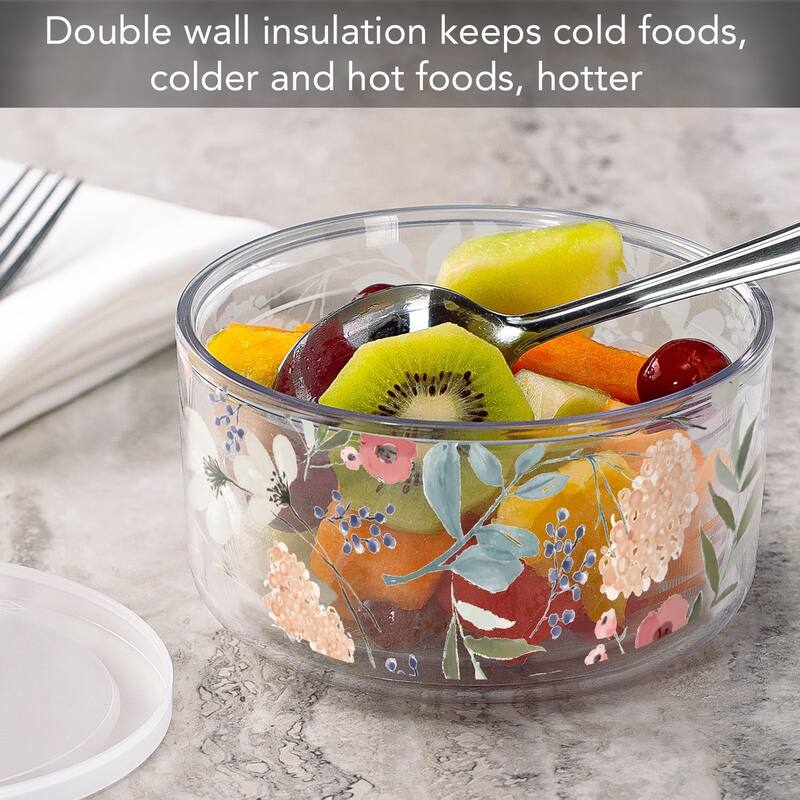 Meadow Multi-Floral Double Wall Unbreakable Plastic Bowl with Lid Holds 22 Fluid Ounces BPA Free Microwave Safe Dishwasher Safe